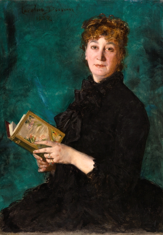 a portrait of a woman interrupted while trying to read a book
